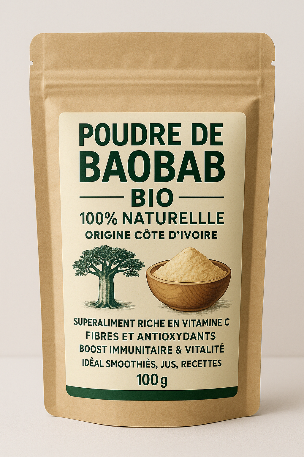 Poudre de Baobab Bio 100% Naturelle - Origine Côte d'Ivoire - Superaliment Riche en Vitamine C, Fibres et Antioxydants - Boost Immunitaire & Vitalité - Idéal Smoothies, Jus, Recettes - 100g