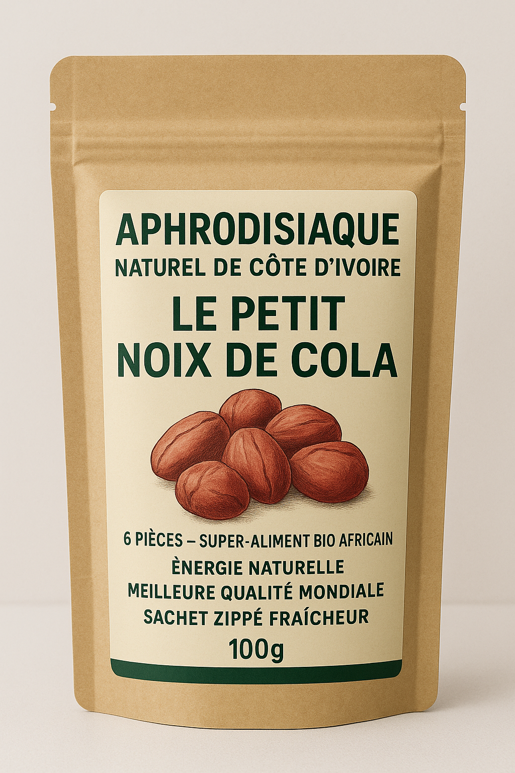 SUPER COLA ENERGISSANT (Aphrodisiaque) naturel de Côte d'Ivoire "Le Petit Cola" : 6 pièces de noix de cola – Super-Aliment bio Africain (100g) | Énergie Naturelle | Meilleure Qualité Mondiale | Sachet Zippé Fraîcheur |
