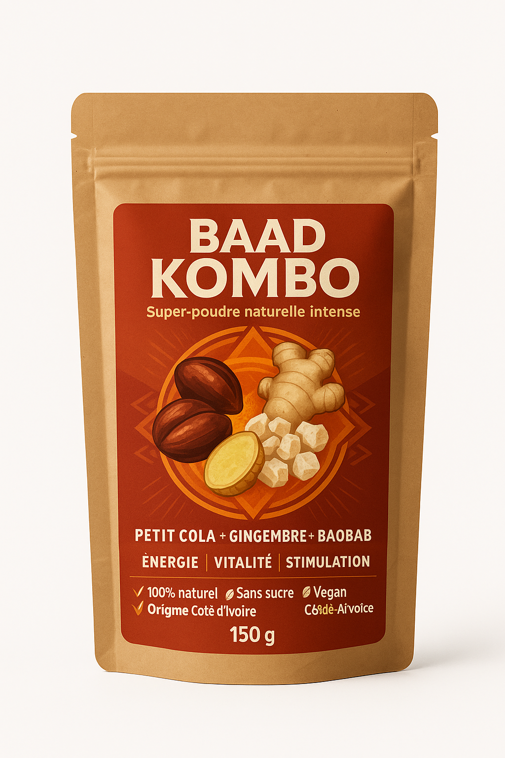 BAAD KOMBO – Super Poudre Naturelle Énergisante (Petit Cola + Gingembre + Baobab) – 100% BIO ( 150 grammes)