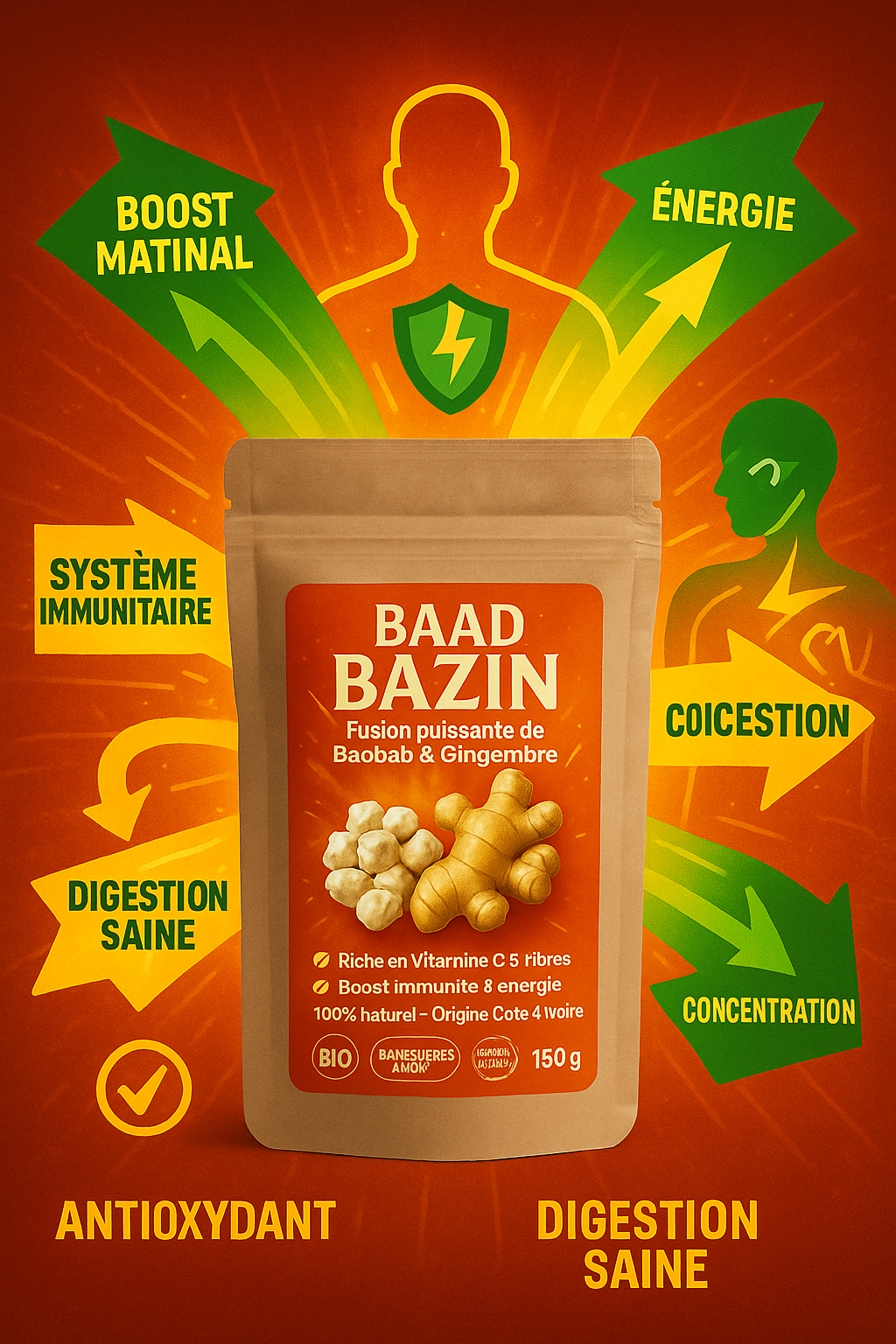 Superaliment Baobab & Gingembre | Poudre Énergisante 100% Naturelle – Immunité, Digestion, Vitalité Boostez votre énergie naturellement avec Il S’abit : poudre fusion baobab + gingembre. Superfood bio, immunité, digestion, tonus. Made in Africa.