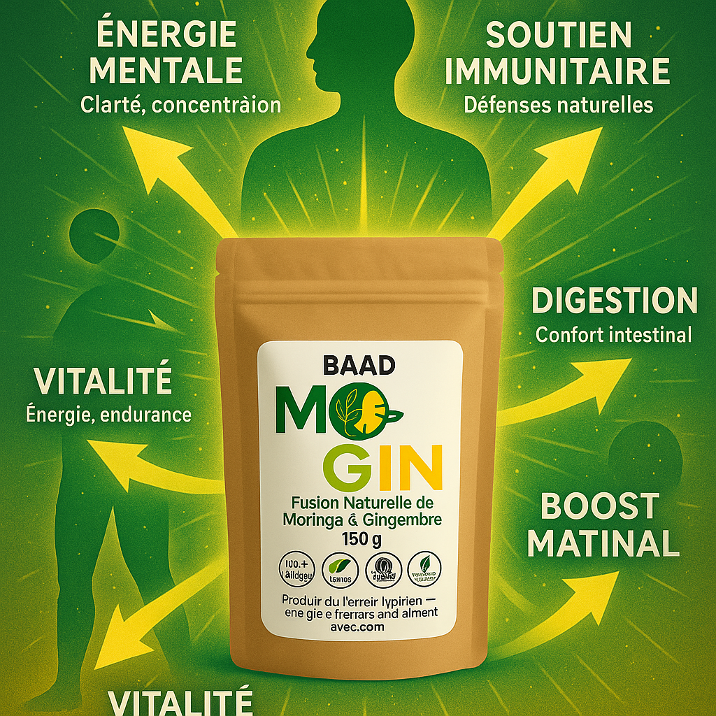MO’GIN – Poudre Fusion Gingembre & Moringa | Énergie Naturelle Bio | 100g | Produit de Côte d’Ivoire