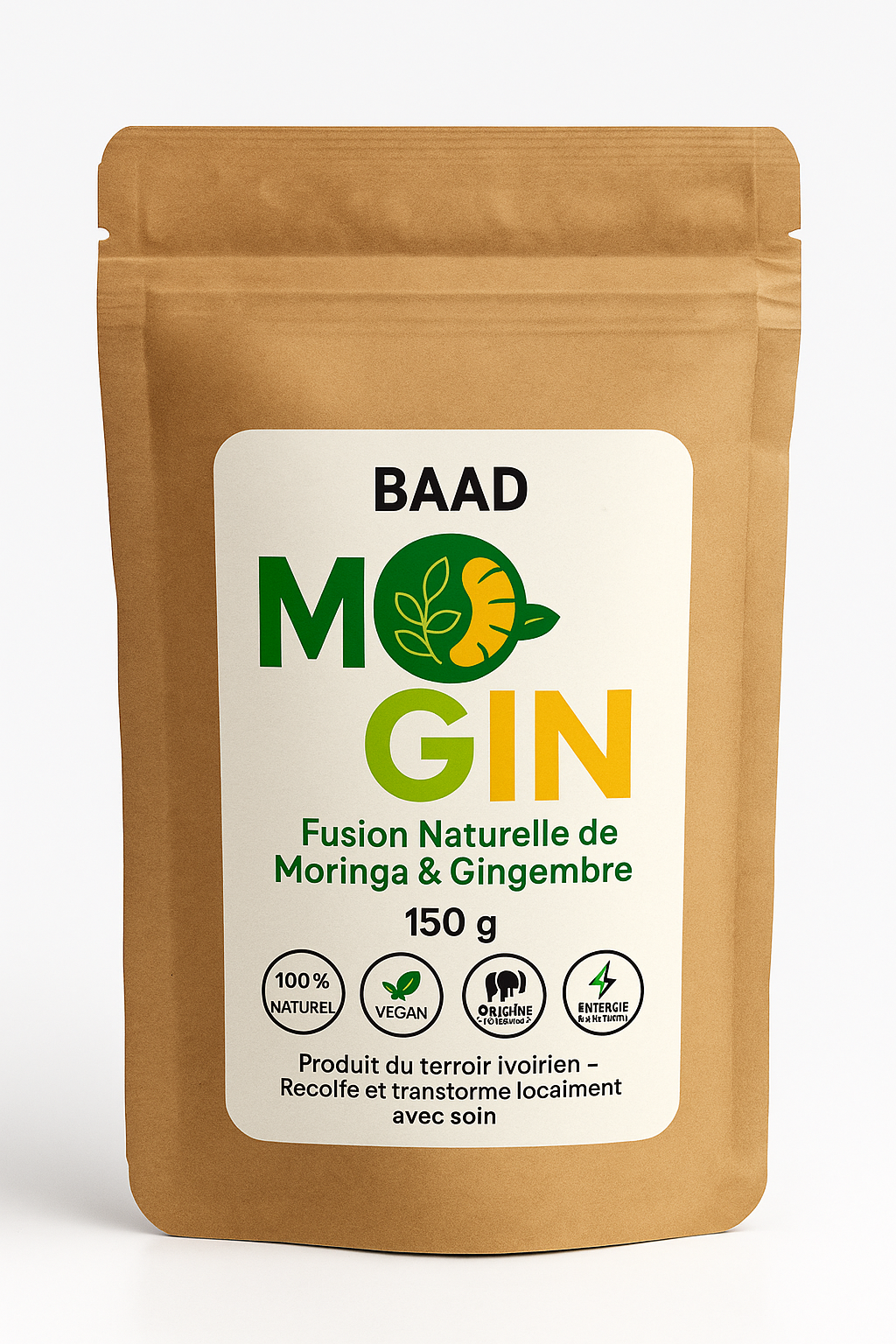 MO’GIN – Poudre Fusion Gingembre & Moringa | Énergie Naturelle Bio | 100g | Produit de Côte d’Ivoire