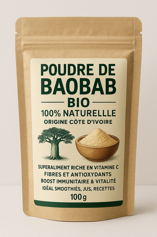 Poudre de Baobab Bio 100% Naturelle - Origine Côte d'Ivoire - Superaliment Riche en Vitamine C, Fibres et Antioxydants - Boost Immunitaire & Vitalité - Idéal Smoothies, Jus, Recettes - 100g