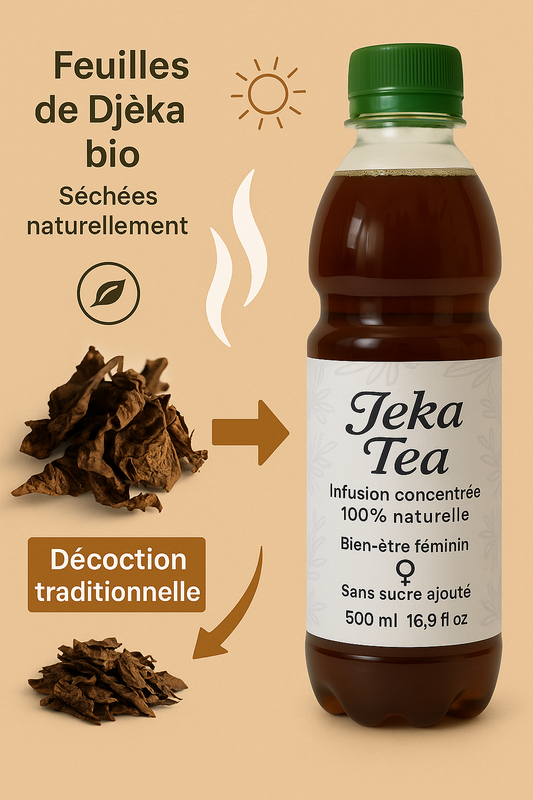 Jeka Tea, Infusion  Concentrée de Feuilles de Djèka, 500 ml, Bien-être Féminin, 100% Naturelle, Sans Sucre, Mise en Bouteille en France